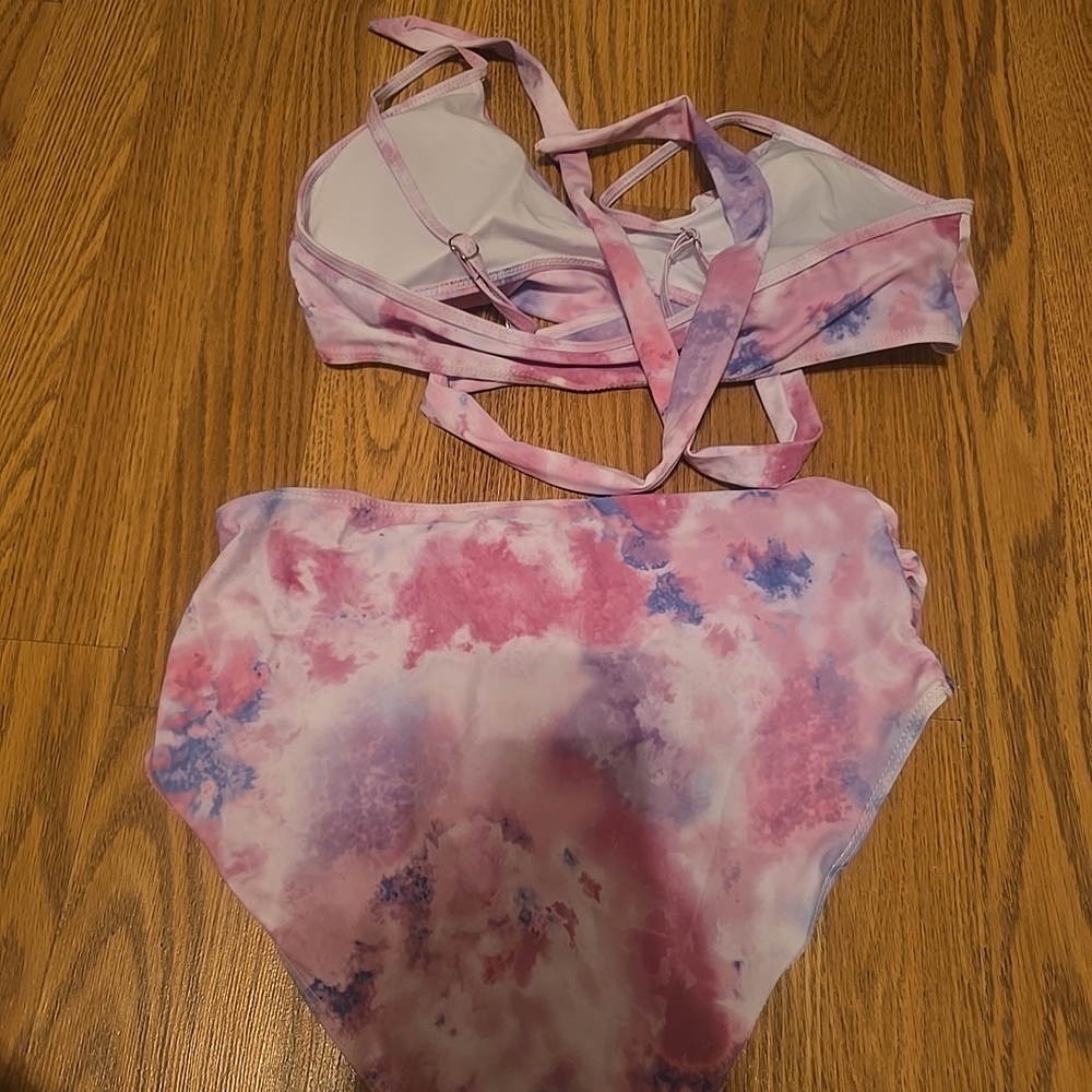 Pink Tie-Dye Cross-Front High-Waist Bikini Set - Picture 2 of 3
